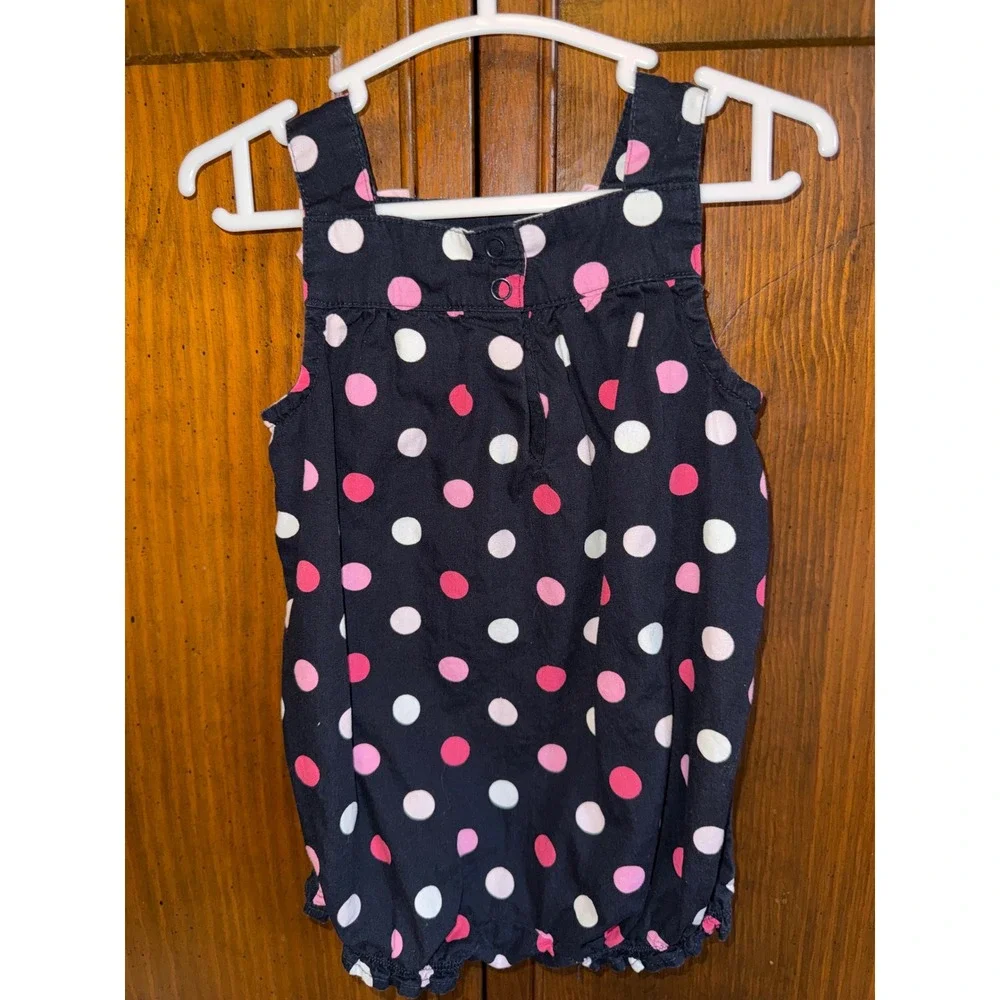 Gymboree Baby Girls Navy Pink Polka Dot Bow Bubble Romper 3-6 Months